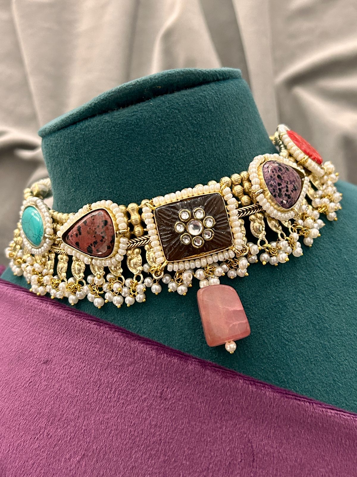 Multicolor Stone Kundan Pearl Choker Necklace Set